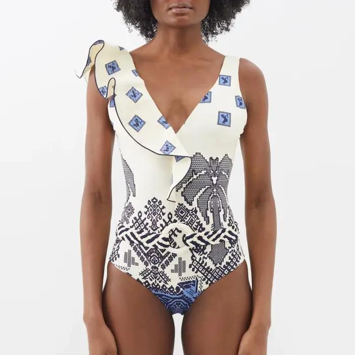 Nouveau Maillot de Bain Une Pièce Sexy à Volants et Bretelles, Épaules Dénudées, Décolleté Plongeant