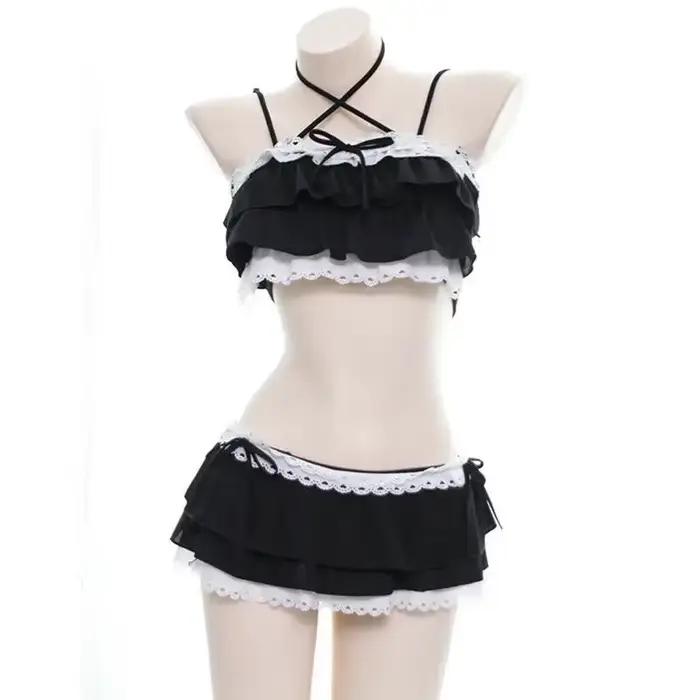 Sukumizu-Bikini Lolita à Volants pour Femme, Maillot de Bain Mignon, Ourlet Multicouche Creux, Rose 