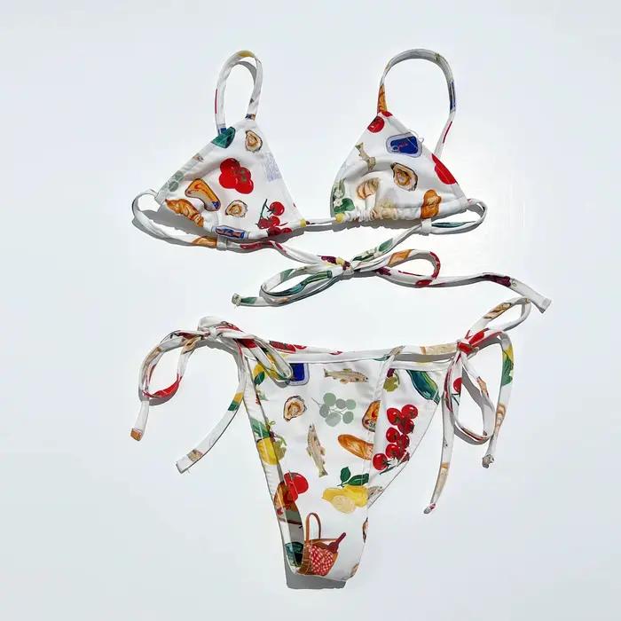 Hirigin-Maillot de bain 2 pièces pour femme, bikini Y2K, vintage, motifs floraux, col licou, côté dr