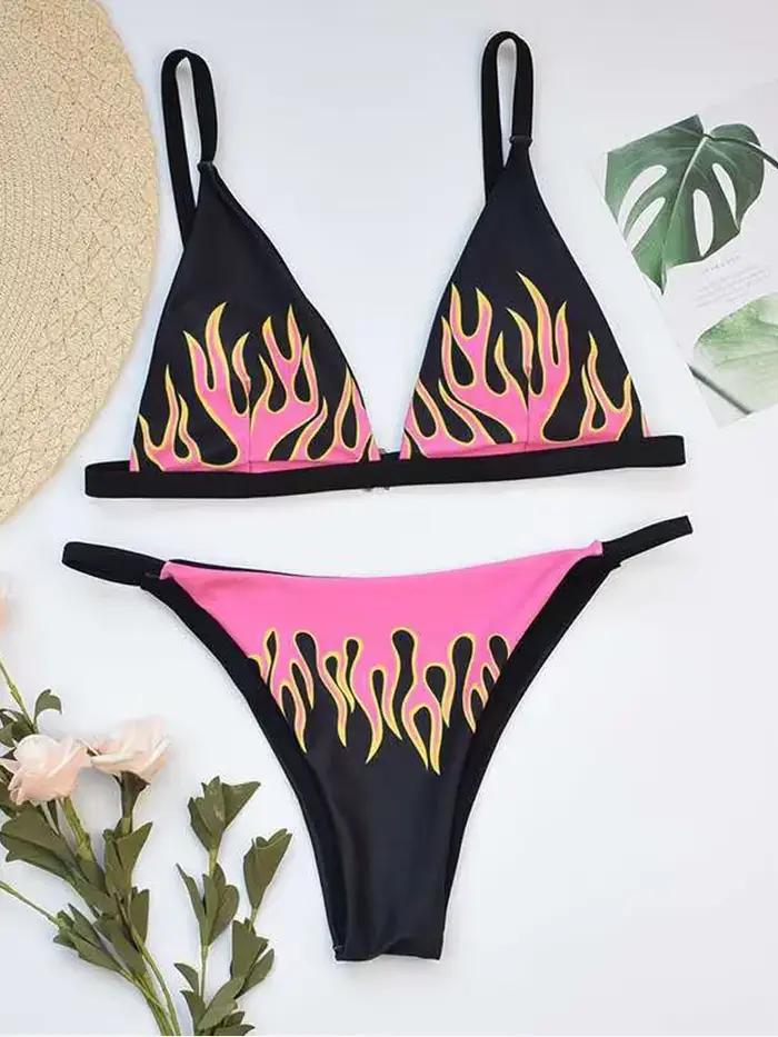 Maillot de bain imprimé feu pour femme, bikini sexy, épaules dénudées, push-up, à carreaux, brésilie