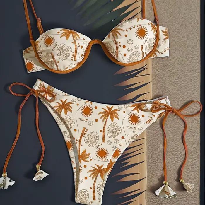 Maillot de bain imprimé à bretelles push-up, coussinet de poitrine intégré, ensemble Bikini de plage