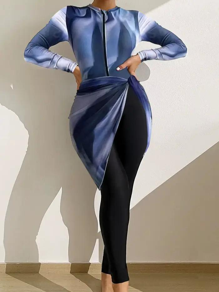Maillot de bain Burkini modeste musulman, imprimé fluide dégradé, 3 pièces, jupe en gaze, protection