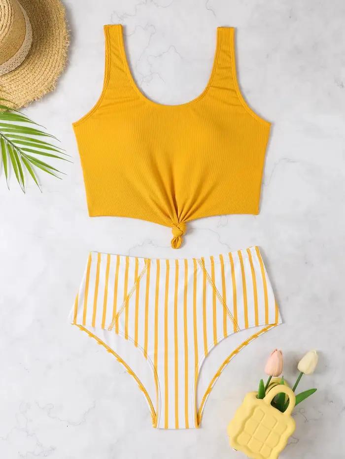 Maillot de bain bikini pour femme, imprimé séparé, design rayé, deux pièces, tenue de piscine tendan
