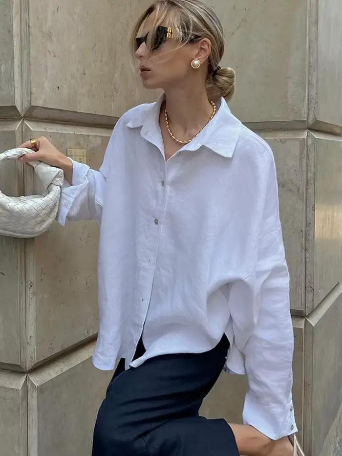 Chemise en lin à manches longues pour femmes, chemisier surdimensionné, col haut basique, coton, élé