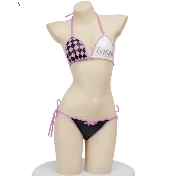 Barbie mignon fille rose noir Plaid Bikini maillot de bain femmes trois points ensemble de sous-vête
