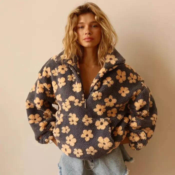 Sweat-shirt à fleurs en polaire pour femmes, nouvelle mode automne-hiver 2021, sweat à capuche chaud