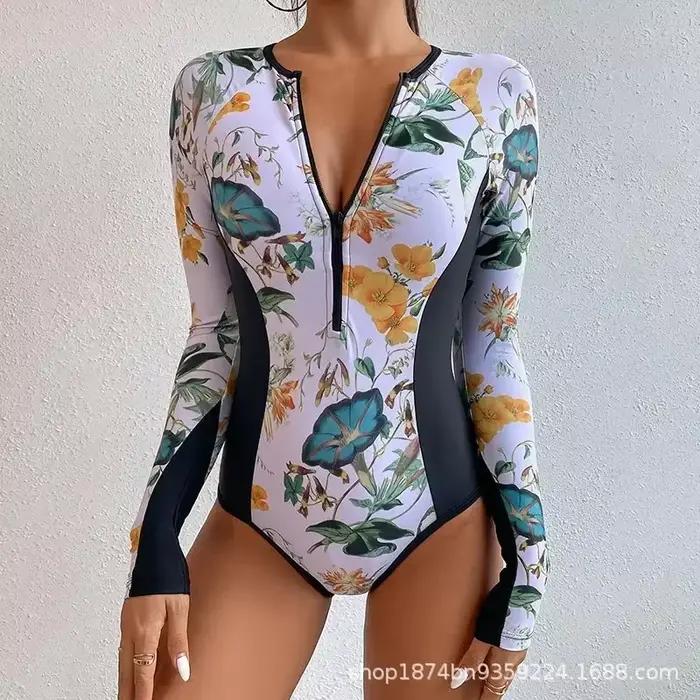 Maillot de bain une pièce à manches longues pour femme, costume de batterie, vêtements de plage, bai