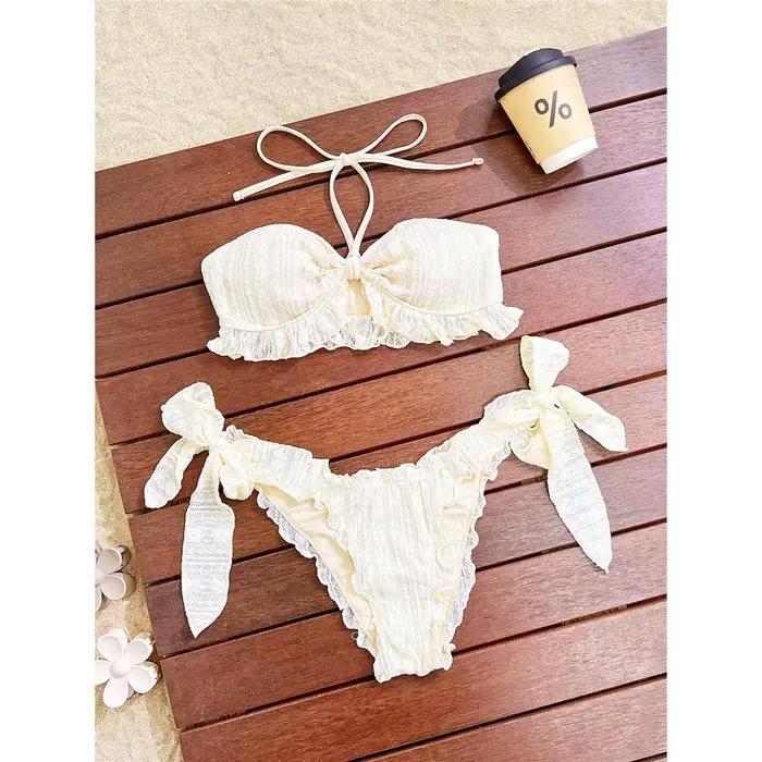 Bikini Halter à volants en dentelle pour femmes, maillot de bain rembourré, ensemble deux pièces K81