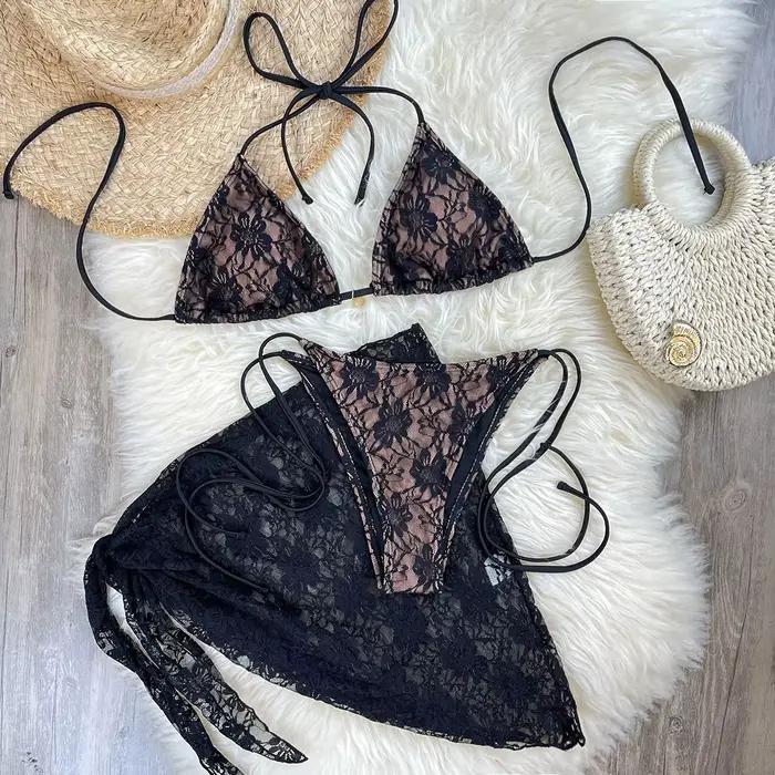 Maillot de bain trois pièces en tissu dentelle, ensemble avec Sarong, inspiré du Bikini, vêtements d