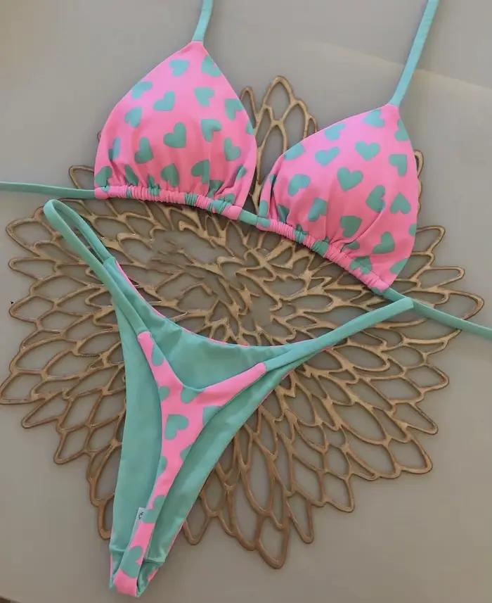Maillot de bain fendu dos nu imprimé amour, bikini sexy, nouveau, 2024