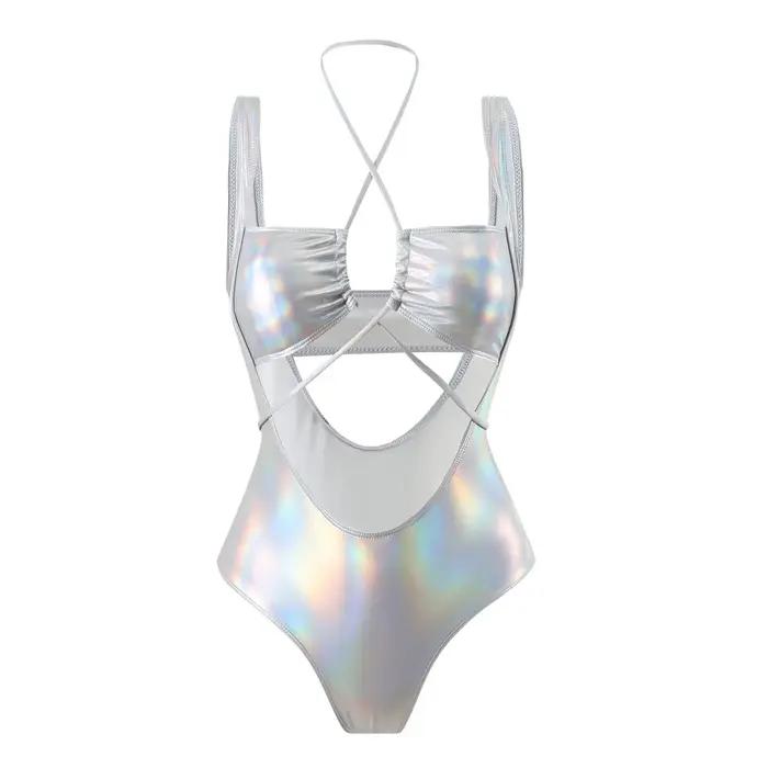 Maillot de bain une pièce pour femme, style body, métallisé irisé, à cordon de serrage, dos nu, déco
