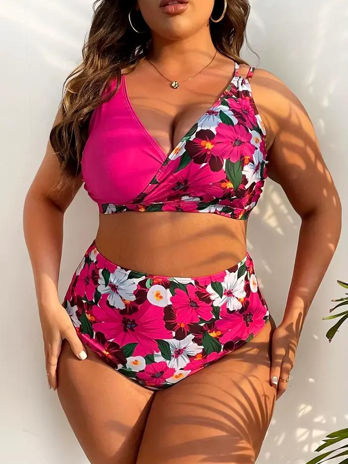 Maillot de bain grande taille pour femme, taille haute, imprimé floral, sexy, froncé, décolleté en V