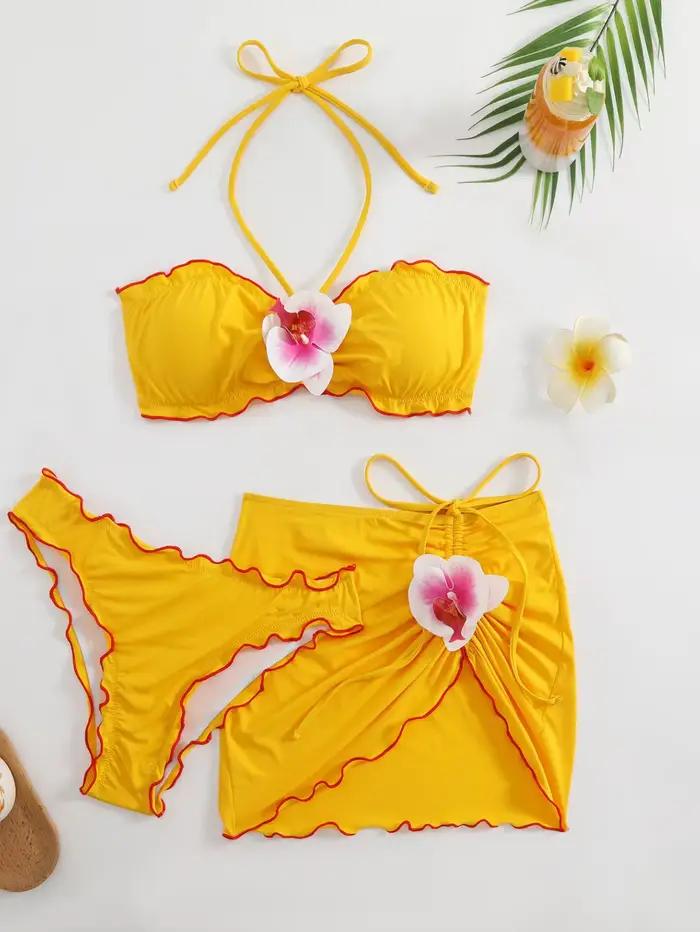 Sexy jaune 3D décoration florale Bikini ensemble 2025 femmes volants Push Up jupe plissée 3 pièces m