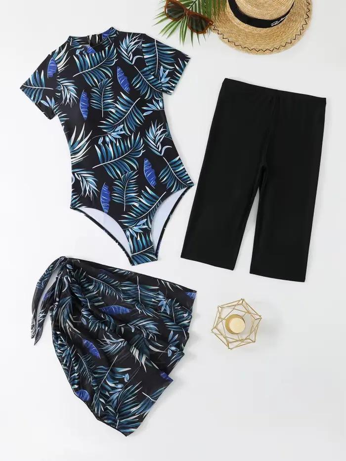 Maillot de bain une pièce femme 2026, nouveau motif feuilles, manches courtes, maillot de bain d'été