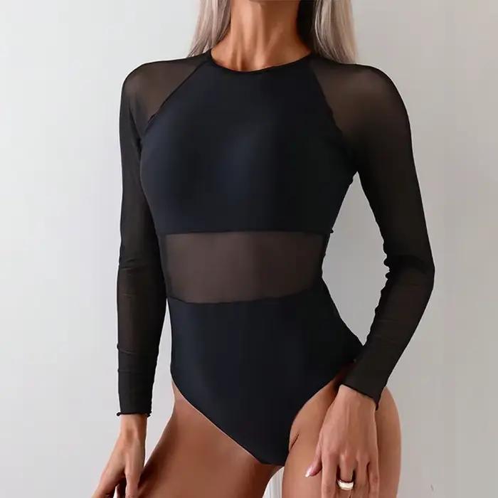 Maillot de bain une pièce en maille transparente épissé pour femmes, noir, Sexy, manches longues, Sl