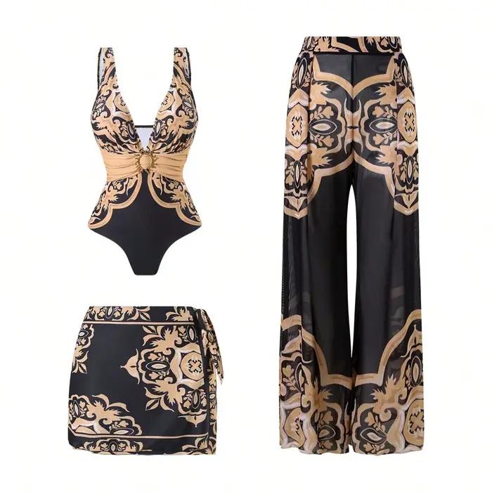 Maillot de bain trois pièces pour femmes, ensemble une pièce Sexy avec pantalon et jupe courte, à la
