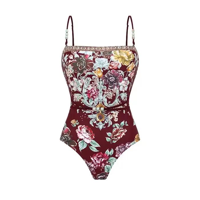 Maillot de bain monokini vintage sexy sans bretelles pour femme, imprimé hawaïen, avec paréo, ensemb