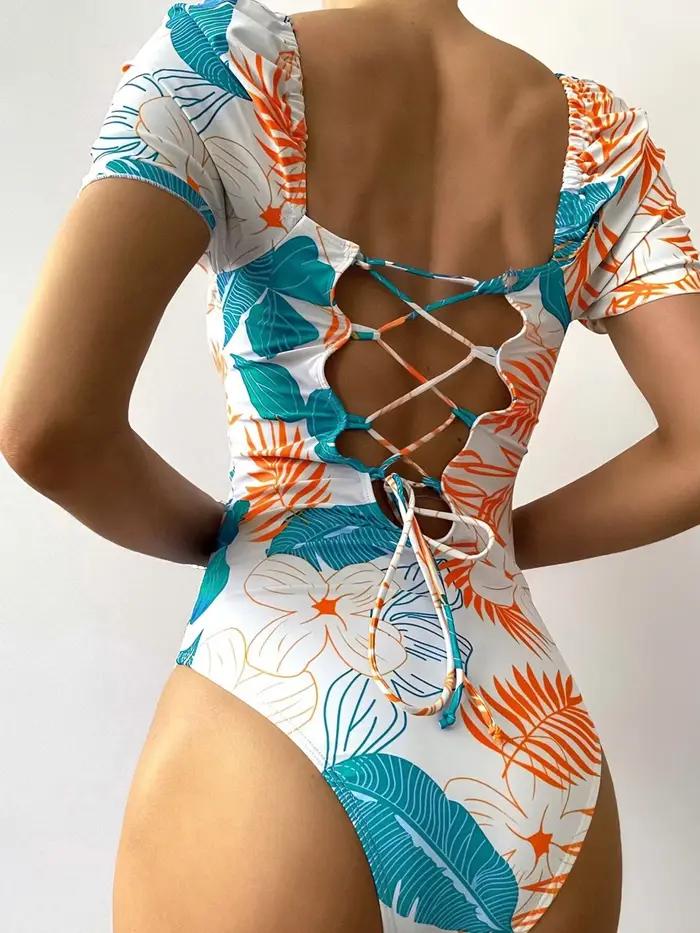 Maillot de bain une pièce imprimé à manches courtes, dos nu, Bandage, pour femmes, vêtements de plag