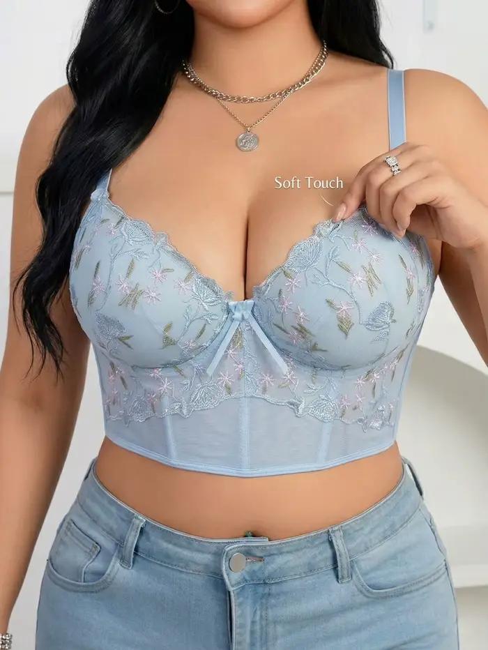 Soutien-gorge bustier en dentelle brodée florale grande taille – Push-up, effet ventre plat et corse