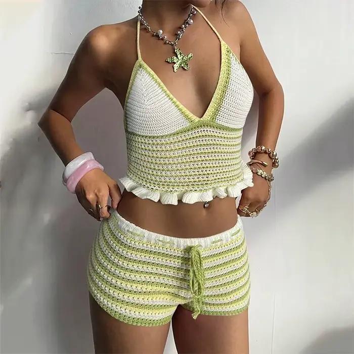 Ensembles de bikinis au crochet multicolores, haut tricoté à rayures arc-en-ciel épaules dénudées + 