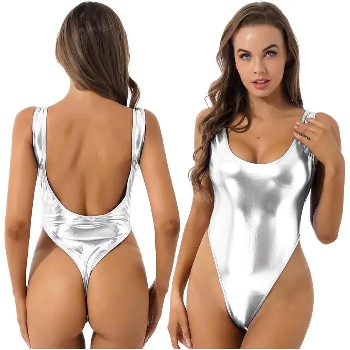 Maillot de bain une pièce moulant sexy à finition brillante, taille haute, en tissu polyester haute 