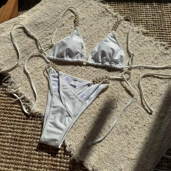 Sexy perles Floral épissé Bikini ensemble femmes croix à lacets maillots de bain été maillots de bai