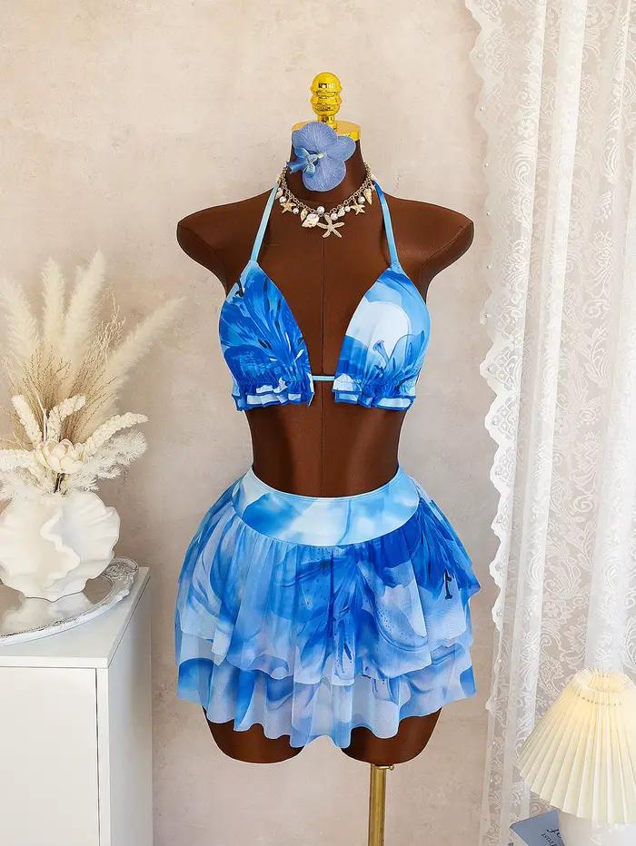 Ensemble bikini bleu à imprimé floral pour femme, haut triangle à volants et jupe en maille superpos