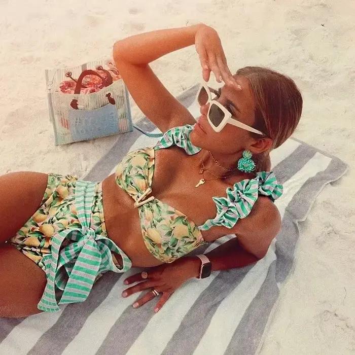 Maillot de bain deux pièces à fleurs pour femmes, soutien-gorge push-up, rembourré, à volants, banda
