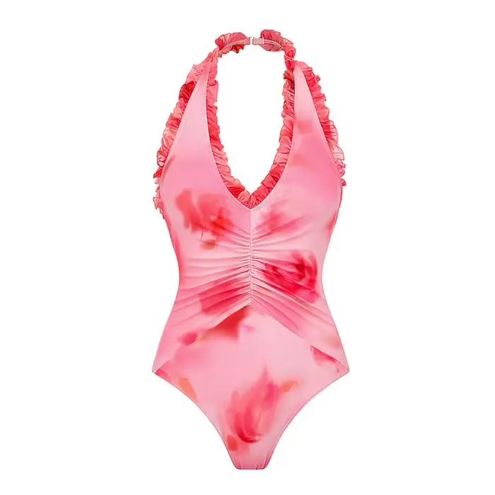 Maillot de bain à fleurs roses, col licou teint, ensemble une pièce et jupe pour femmes, imprimé Flo