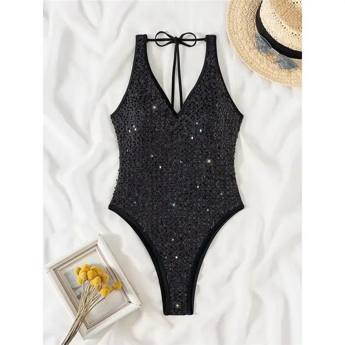 Maillot de bain une pièce sexy pour femme, maillot de bain, monokini, coupe haute, paillettes scinti