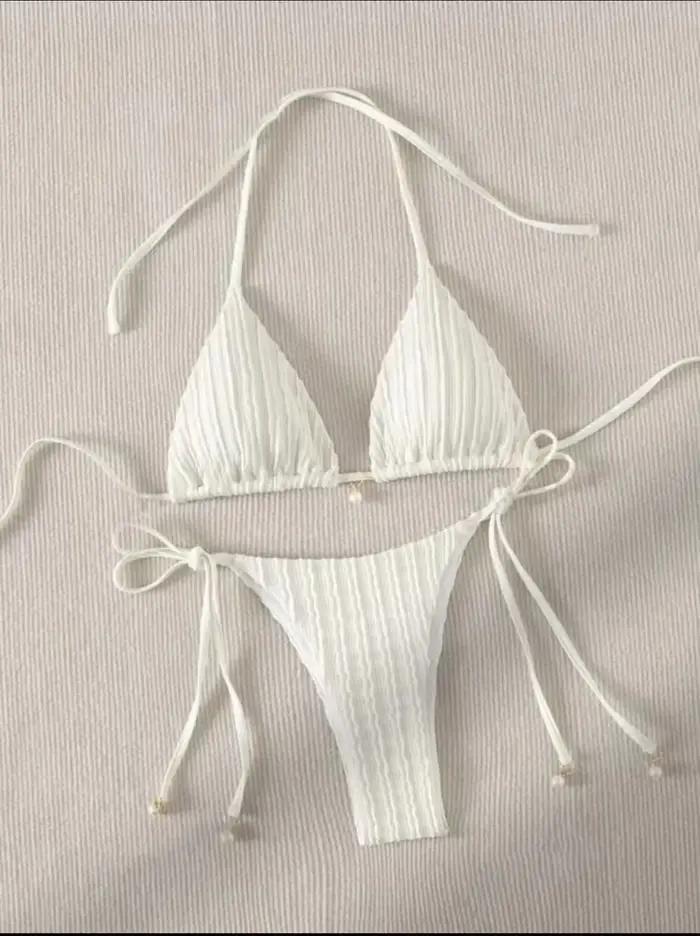 Sexy laiteux côtelé licou Micro Mini Bikini ensembles deux pièces cravate femmes string maillot de b