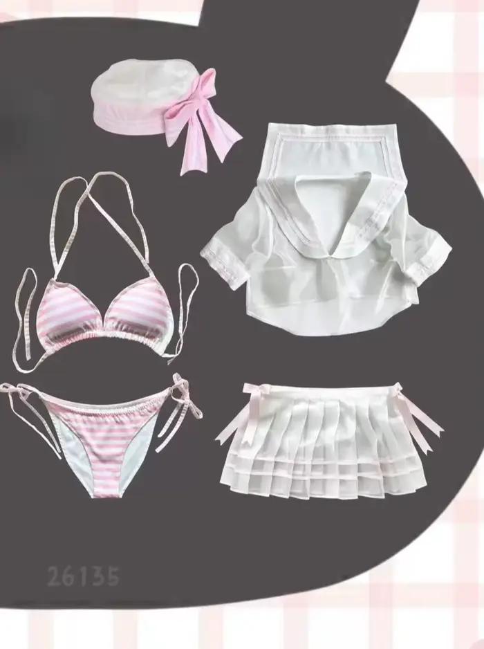 Nouveau Maillot de Bain Marin Rose Doux pour Femme, Ensemble Deux Pièces Rayé avec Bretelles au Cou 
