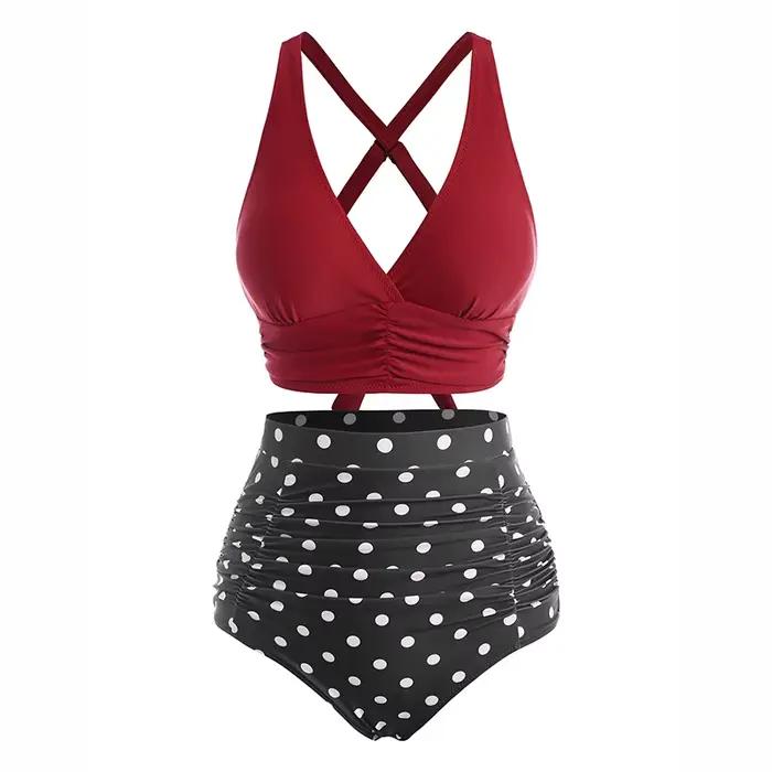 Fur sNuremberg-Tankini TUNIControl pour femme, maillot de bain vintage, à pois, froncé, croisé, été,