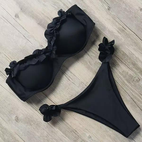 Maillot de bain bandeau pour femme, ensemble bikini sexy à volants, string, push-up, imprimé léopard