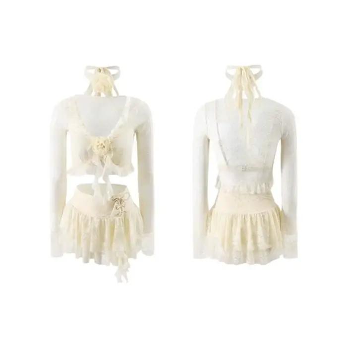 Maillot de bain à manches longues en dentelle à volants, style jupe fleurie, bikini pour femmes, mai