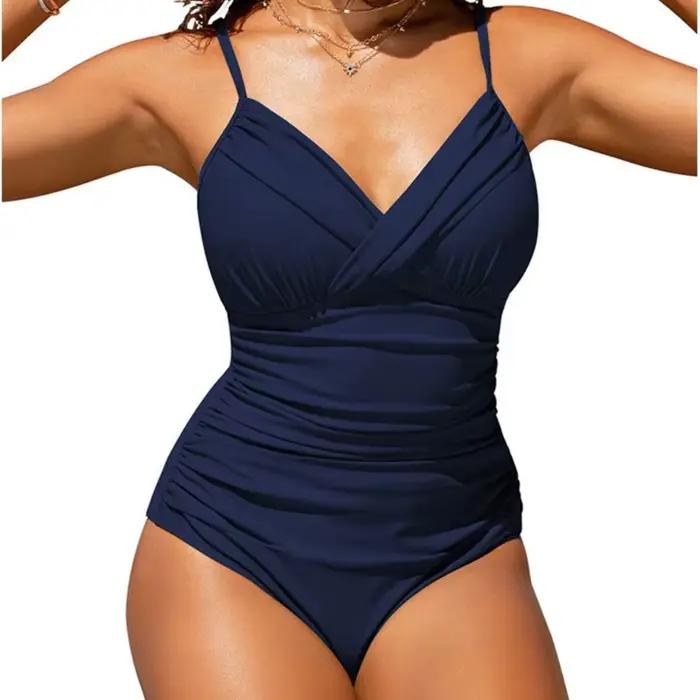 Maillot bain froncé pour femmes, 1 pièce, Monkini, col en V, contrôle du ventre, 24BD