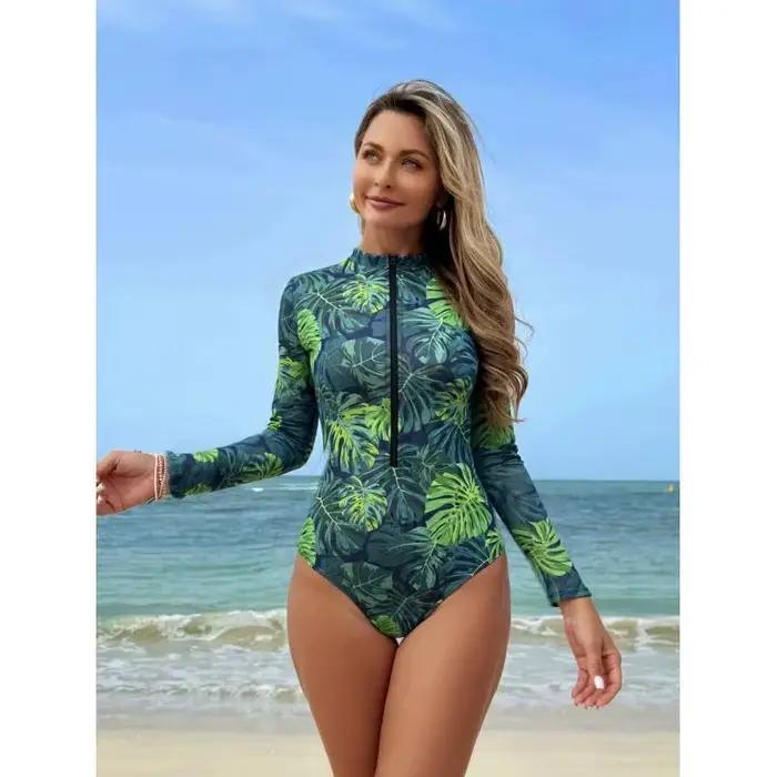Maillot de bain intelligent à imprimé tropical pour femme avec fermeture éclair, sport, protection s
