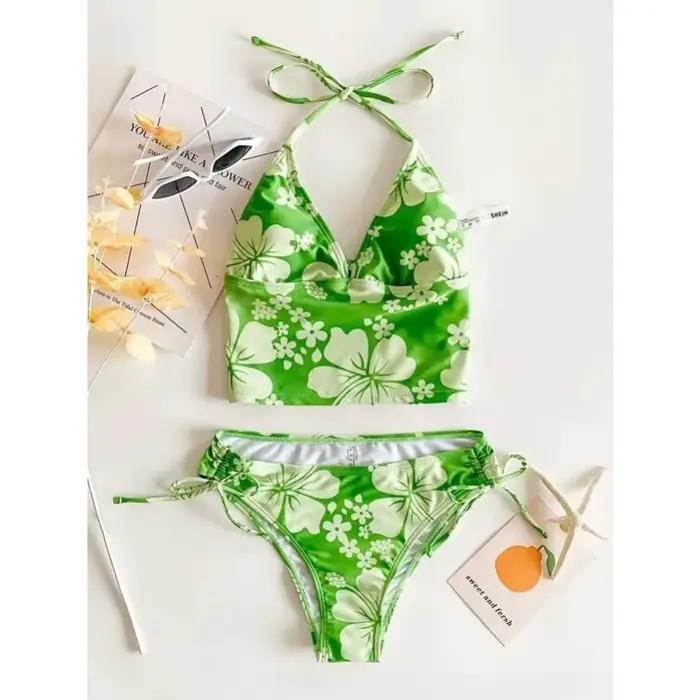 Maillot de bain à motif Floral pour femmes, ensemble deux pièces, col en V, col licou, lacets sur le