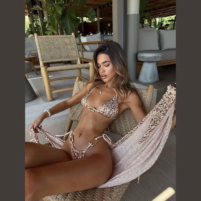 Ensemble bikini sexy à sequins pour femme, maillot de bain doré scintillant à nouer avec anneau en O