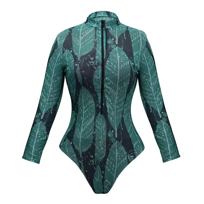 Manches longues crème solaire maillot de bain pantalons longs ensemble femmes noir géométrie imprimé fermeture éclair