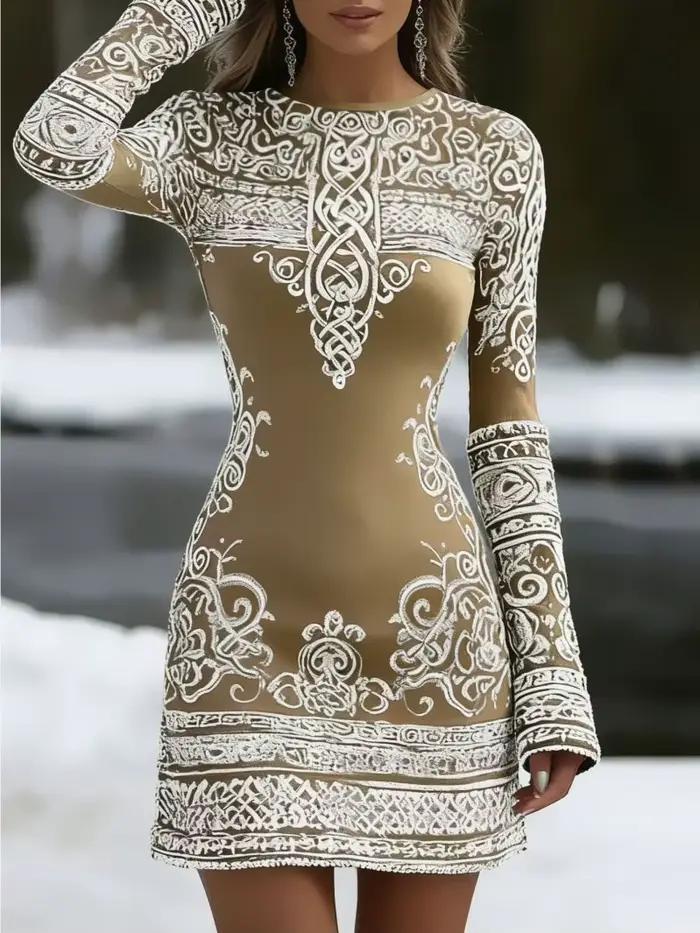 Robe courte moulante à col rond et manches longues pour femme, élégante et amincissante
