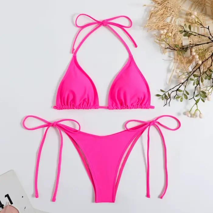 Sexy femmes string couleur unie Bikini ensemble côté licou cravate maillot de bain dames sangle fendue réglable