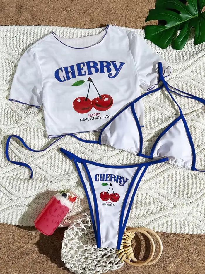 Maillot de bain trois pièces sexy et frais à imprimé cerises