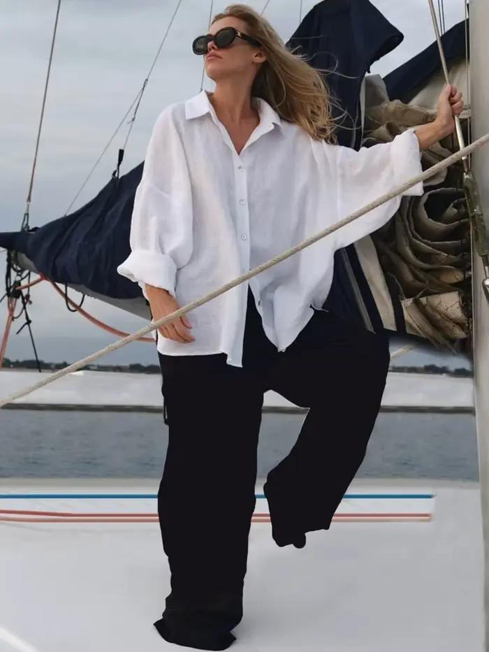 Chemise en lin à manches longues pour femmes, chemisier surdimensionné, col haut basique, coton, élégant, rose, vintage, printemps