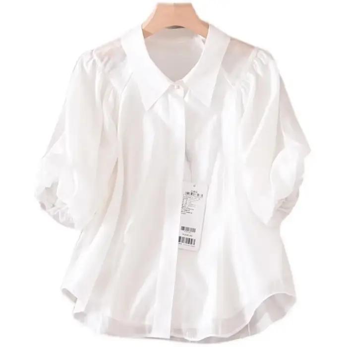 Chemise Blanche à Manches Bouffantes pour Femme, Élégante, à la Mode, lèvent, Style Français, Couleur Unie, Nouvelle Collection Été 2024