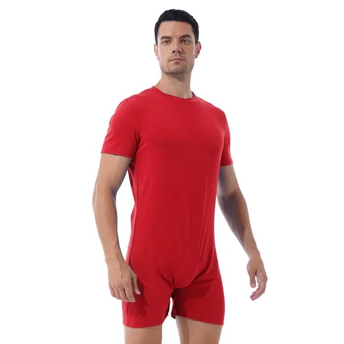 Maillot de bain à col rond pour hommes, manches courtes, combinaison, maillots de bain décontractés, fermeture éclair invisible, une pièce, barboteuses, combinaisons d'été sportives