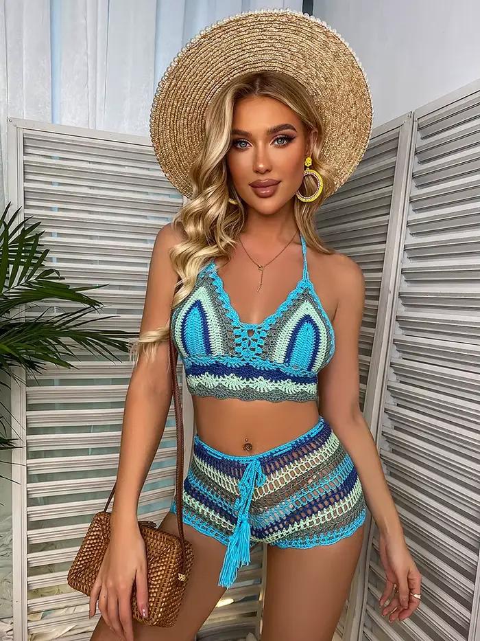 Ensembles de Bikini au Crochet multicolore arc-en-ciel rayé épaules dénudées haut + bas