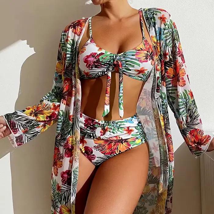 Maillot de bain 3 pièces imprimé floral sexy taille haute ensemble deux pièces pour femmes avec chemisier en maille à manches longues style jeunesse été 2025 garantie de haute qualité