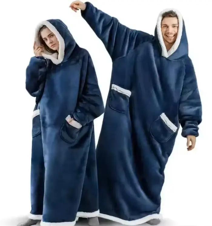 180cm Super longue flanelle couverture pyjamas avec manches hiver sweat à capuche femmes hommes pull polaire géant surdimensionné extérieur