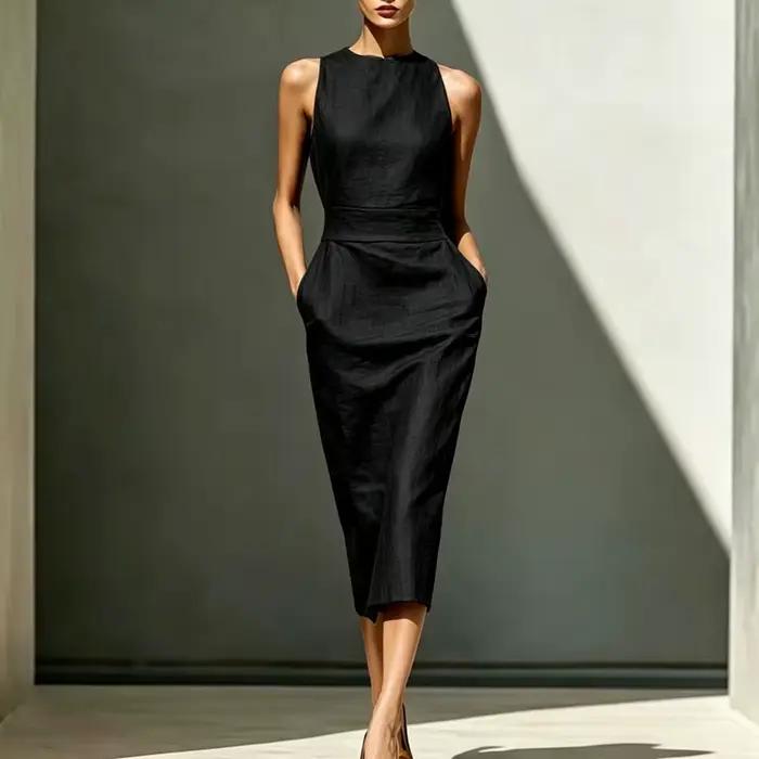 Robe longue fourreau bohème d'été sans manches taille haute pour femme, col rond, élégante, unie avec poches, idéale pour le bureau, le travail ou les soirées décontractées